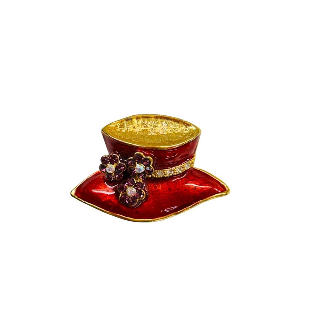 Red Hat Brooch Pin Enameled Purple Floral Goldtone 1.5"